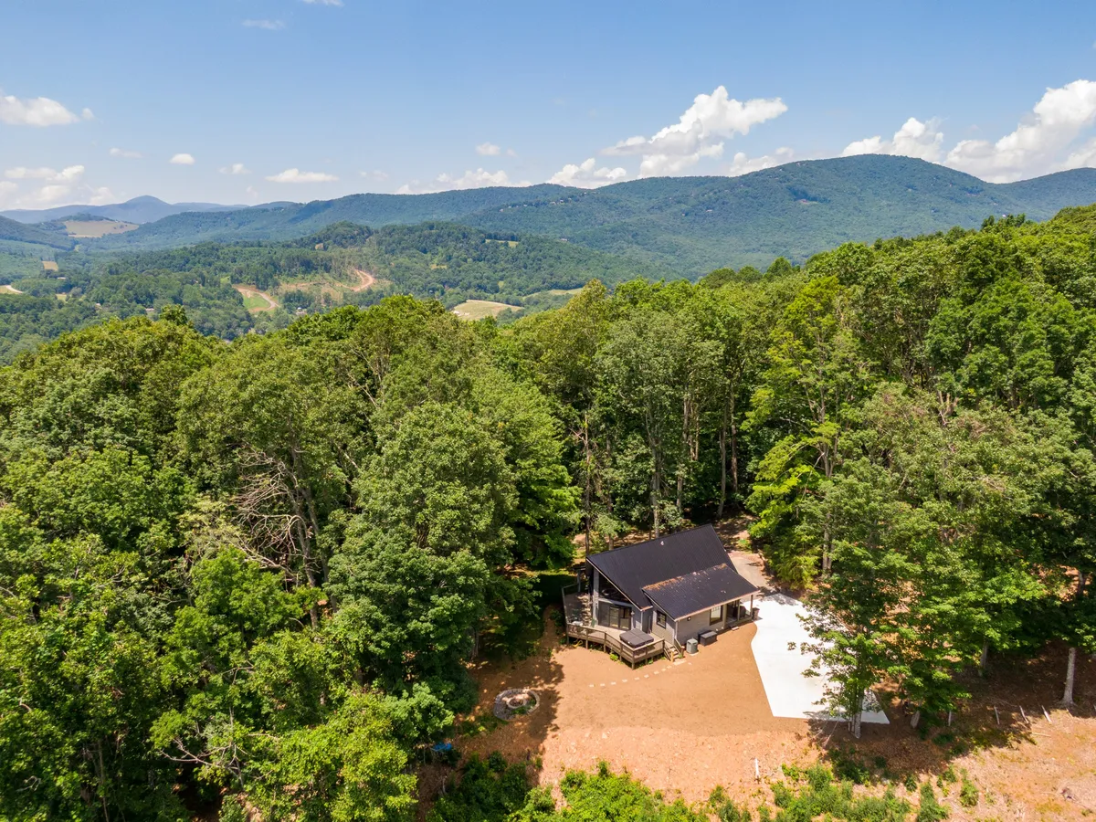A wide exterior view of the cabin nestled among mature trees, with distant mountains framing the landscape. The perspective highlights the cabin's setting in a peaceful, private community, and showcases the proximity to untouched nature and adventure opportunities.